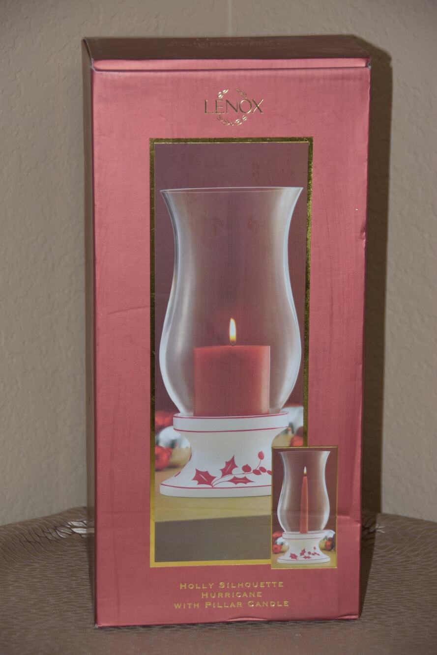 Lenox Christmas 12" Red Holly Silhouette Hurricane Pillar Candle Holder New